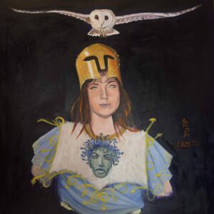 Pintura de Atenea, con su atributos, lechuza, egida y casco.