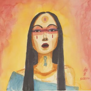 Xi Wangmu portrait of a hooded figure with a circular forehead symbol, set against a warm orange–yellow gradient background.