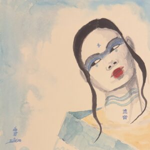 Benzaiten watercolor portrait fragment in peach and blue tones with bold black outlines and Chinese characters along the right edge.