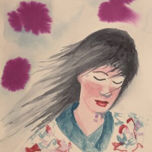 He Xiangu Watercolor portrait of a woman with dark hair and pink lipstick, surrounded by pink abstract background spots.