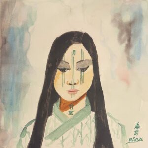 Watercolor portrait of a person with long dark hair, pale face, and a sash with Japanese characters on a soft pastel background.