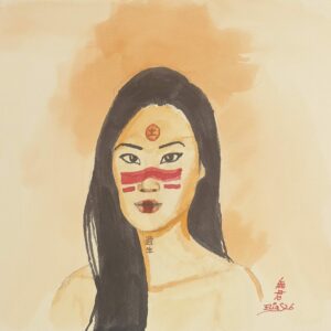 Nüwa Watercolor-style portrait of a person with long dark hair, prominent red lips, and a red circular symbol on the forehead against a peach-beige background with red writing to the right.