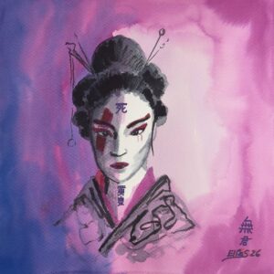 Izanami Watercolor portrait with dark hair and red cheeks against a pink-to-purple gradient background with Japanese characters on the right.