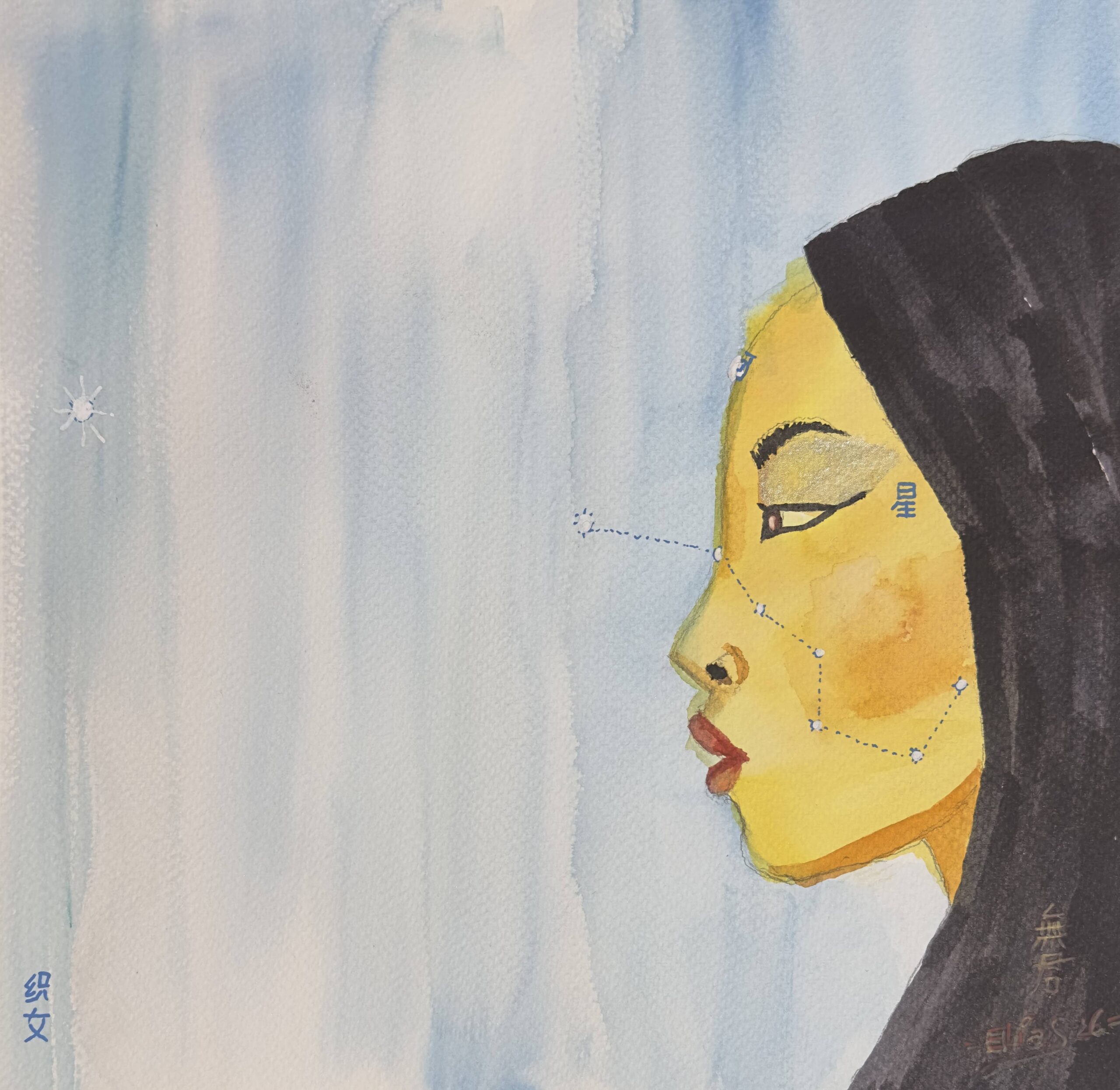 Zhinü watercolor painting with a blue gradient background and a large yellow curved form edged in black on the right side.
