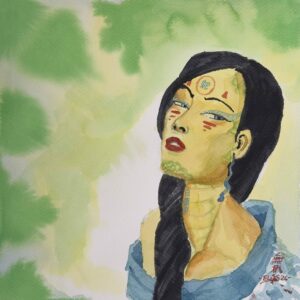 Bai Suzhen Watercolor portrait with long black hair, yellow-toned face, red lips, blue clothing, against a green abstract background.