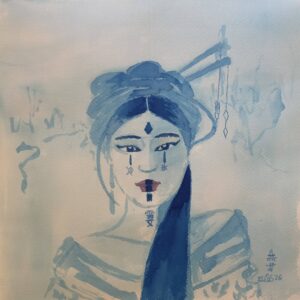 Yuki-onna watercolor portrait of a person facing forward, with a hat and a hanging chain on the right; subtle background.