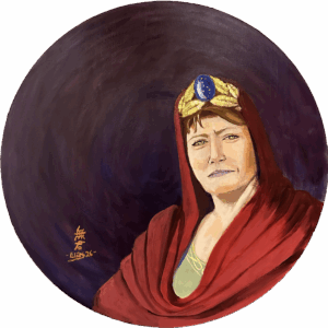 Close-up of a circular painting showing a woman with a golden headpiece and blue jewel on a purple background.